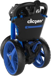 blue folded down golf push cart